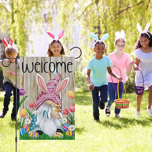Welcome Easter bunny burlap yard flag with floral eggs and tulips