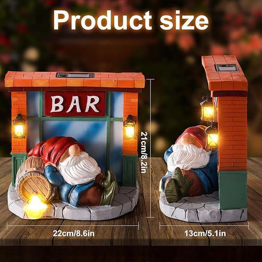 Solar gnome light house with BAR sign and glowing lanterns, two views showing height and width