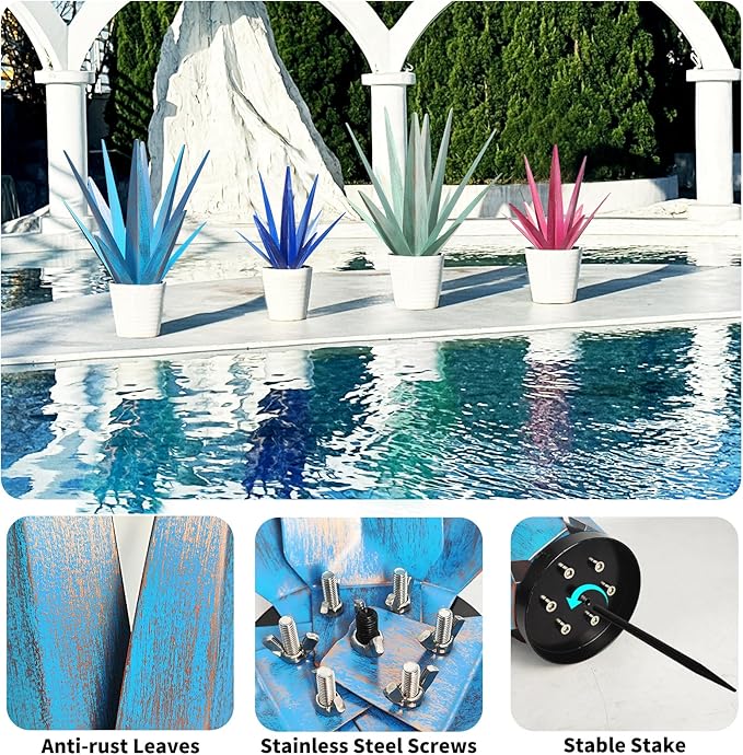Metal Agave Garden Sculpture with Solar Light - Large Handmade Rustic Outdoor Decor