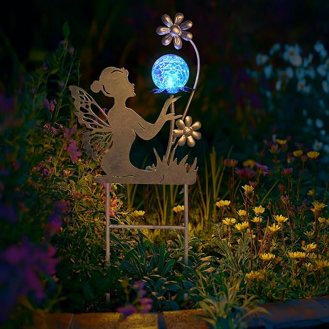 HONGLAND Solar Garden Lights Outdoor Decor, Fairy Figurine Moon Crackle Glass Lights Stake, Housewarming Ornament for Patio, Lawn, Yard, Pathway - Unique Gardening Gifts for Women Mom Grandma