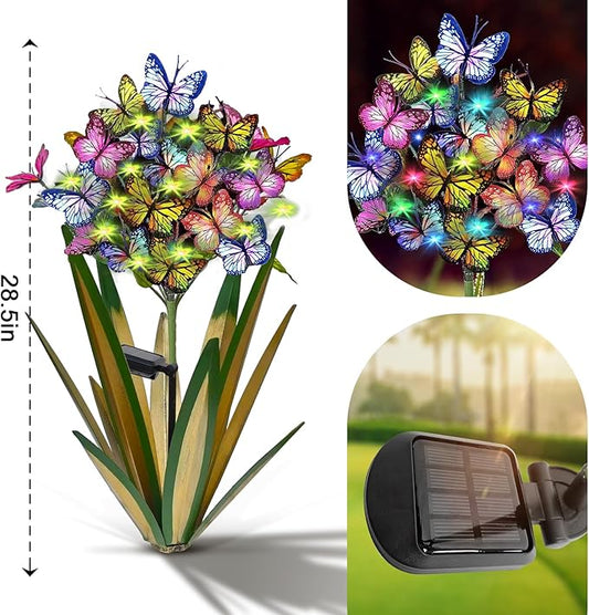 Solar Metal Iris Flower Garden Stakes with Color-Changing Butterflies - IP67 Waterproof Set of 3