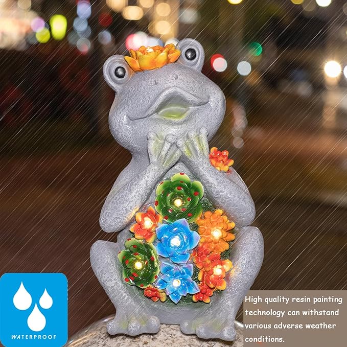Solar Frog Garden Statue with 8 LED Lights and Succulent Planter Design
