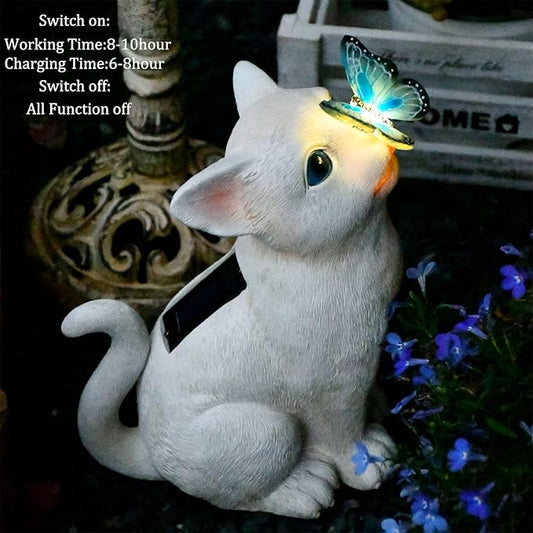 Cat Solar Garden Statue with LED Lights - Outdoor Resin Decor