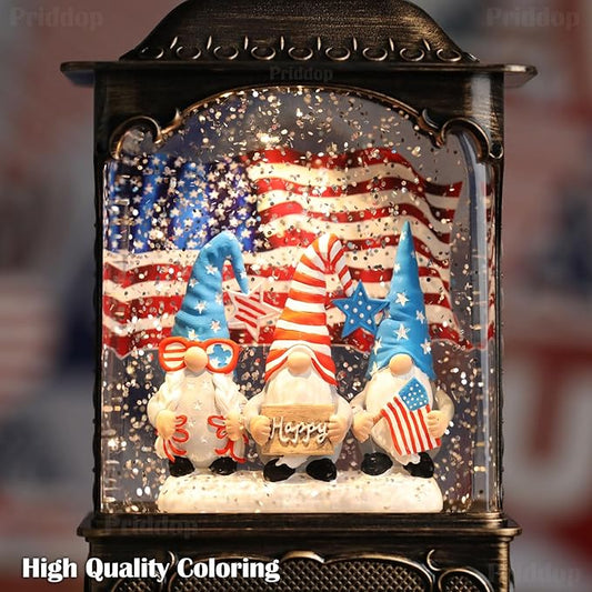 Close-up patriotic snow globe lantern front with American flag and gnome figures