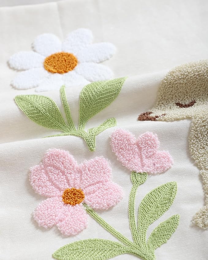 Close-up of floral embroidery with white and pink blossoms and green leaves on cream