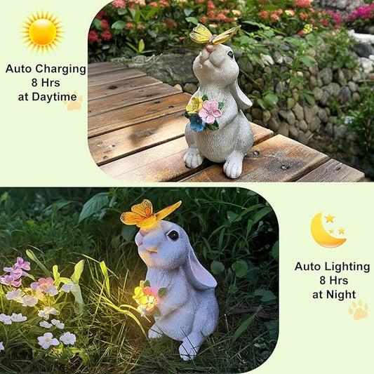 Solar Bunny Garden Statue with LED Light - IP44 Waterproof Resin Outdoor Rabbit Decor
