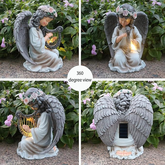 Solar Angel Garden Statue Playing Harp - Colorful Resin Outdoor Decor with IP44-Rated Light for Yard, Patio, Porch, and Balcony