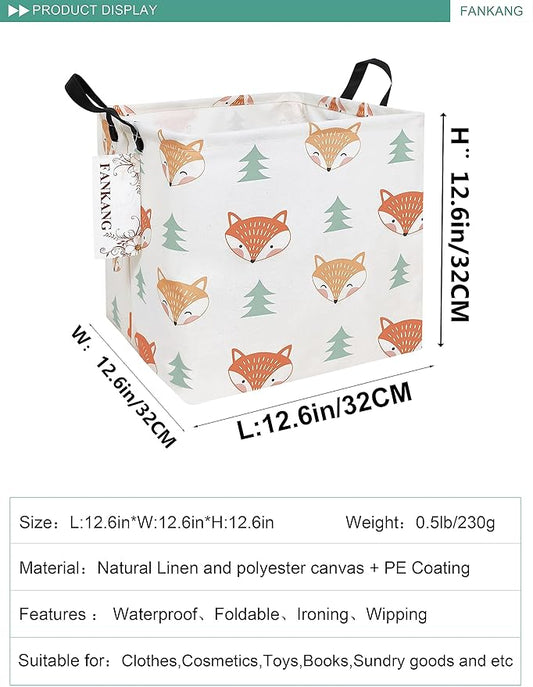 Woodland Fox Square Canvas Storage Basket - Foldable Waterproof Fox and Pine Tree Nursery Bin for Woodland Nursery and Woodland Gift Hampers