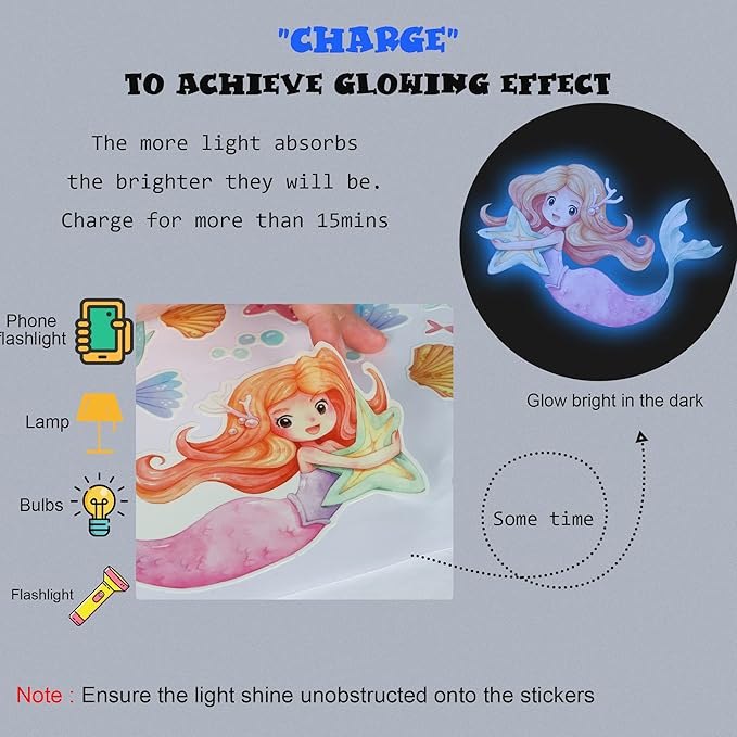 Glow in the Dark Mermaid Wall Decals – 68 Pcs Blue Glow Ocean Stickers | Mermaid Turtle Seahorse Jellyfish Starfish | Peel & Stick Ceiling Wall | Nursery Playroom Bedroom Gift