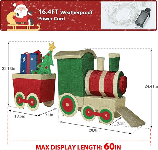 Illustrated light-up Christmas train decor with dimensions, tree and gift box pieces