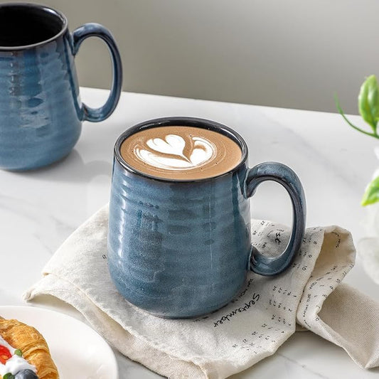 Navy Blue Modern Ceramic Coffee Mugs – Set of 4 | 12oz Non-Slip Handle | Lead-Free | Dishwasher & Microwave Safe | Coffee Gift Set