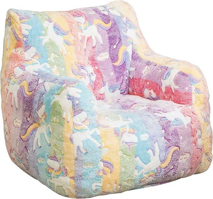 Rainbow Unicorn Bean Bag Armchair - Pastel Cloud Print Memory Foam Chair with Washable Cover for Kids Room, Reading, and Magical Family Moments