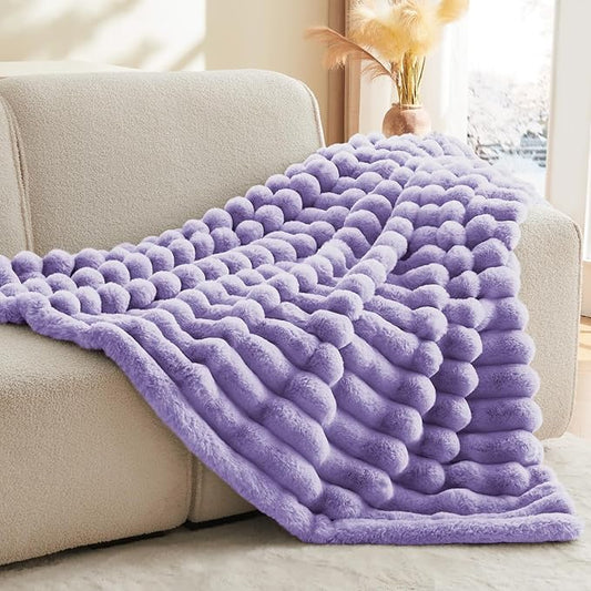 Lavender Faux Rabbit Fur Throw Blanket – 50"x60" | 770GSM Double-Sided Luxury Fluffy Blanket | 3D Striped Plush Couch Throw for Women