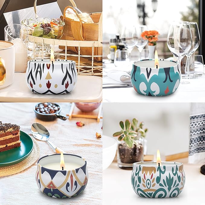 Table setting with multiple patterned ceramic scented candles, one lit in foreground