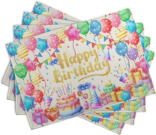 Birthday cotton-linen placemats set of 4 with balloons, confetti, and gift design