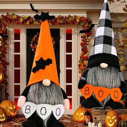 Pair of Halloween gnome plushes: checkered hat and orange hat, gray beards with "BOO" bands