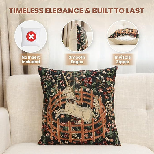 Unicorn tapestry pillow cover, dark green with brown fence, cream unicorn, floral pattern