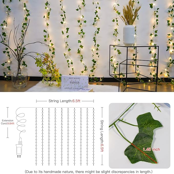 Ivy Vine Fairy Lights – 6.5ft x 6.5ft 200 LED Warm White | Pre-Strung Leaf Curtain Lights | Remote Timer Dimmer | Bedroom Dorm Wedding Party Wall Decor
