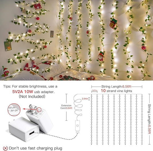 Pothos Vine Fairy Lights – 6.5ft x 6.5ft 200 LED Warm White | Copper Wire | Pre-Attached Leaf Curtain | Remote Timer Dimmer | Bedroom Dorm Wedding Party Wall