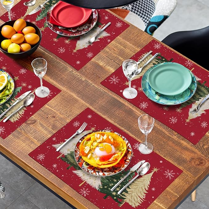 Red holiday placemat with fir trees and snowflake pattern for dining