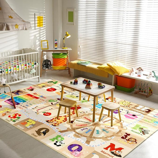 Kids playroom rug with alphabet and animal illustrations on beige background