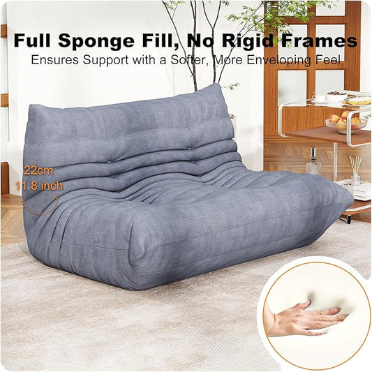 Grey Ripple Loveseat Floor Sofa - Togo-Style Foam Lounge Sofa with Wave Profile for Living Room, Reading Corner, and Modern Interiors