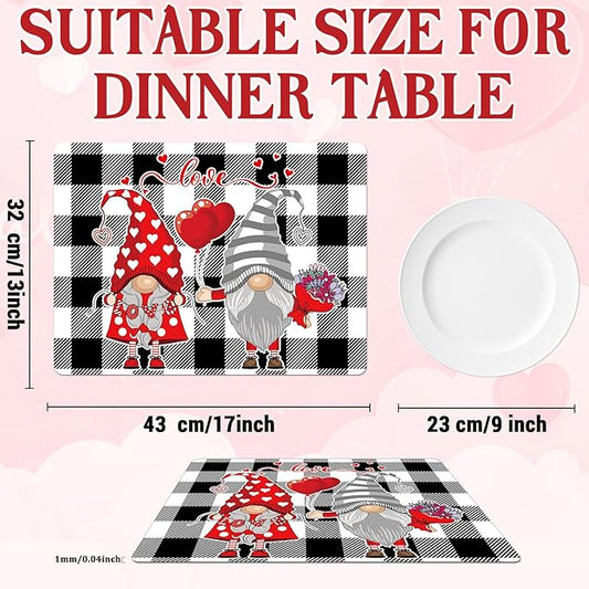 Valentine placemat set sizing graphic with gnome buffalo plaid design