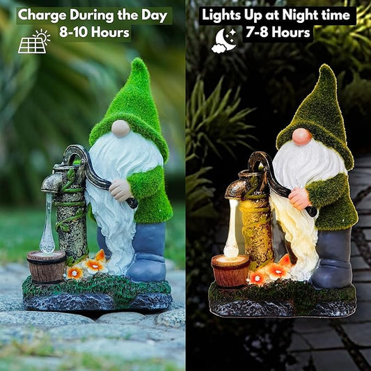 Forest green gnome water pump statue with lantern, shown in day and lit at night