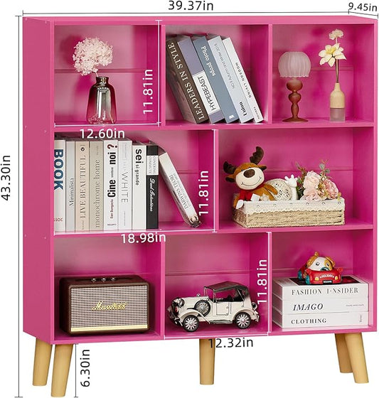 Pink 8-Cube Criss-Cross Bookshelf with Legs - 3-Tier Frosted Modern Open Bookcase for Nursery and Bedroom
