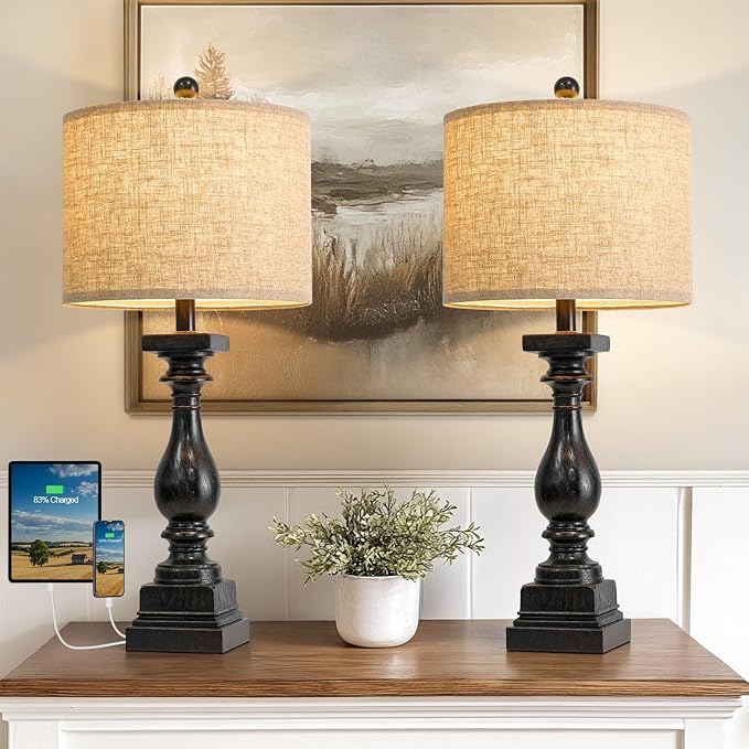 Set of 2 farmhouse table lamps with beige shades and dark black bases, USB charging
