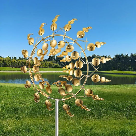3D Kinetic Metal Wind Spinners – 2-Pack Golden Garden Wind Sculpture | Multi-Directional Ball Bearing | Yard & Garden Decor