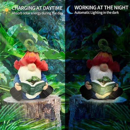 Garden gnome solar LED statue reading with a turtle, seated on black boots