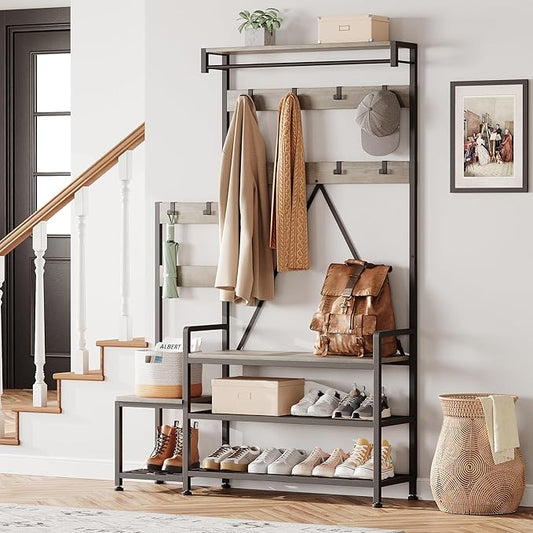 Parent-Child Hall Tree with Bench and Shoe Storage - Industrial Entryway Organizer with Hooks, Shoe Rack, and Top Shelf