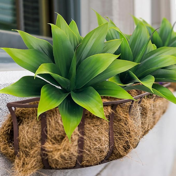 Green faux agave plant in woven coir basket planter, spiky leaves