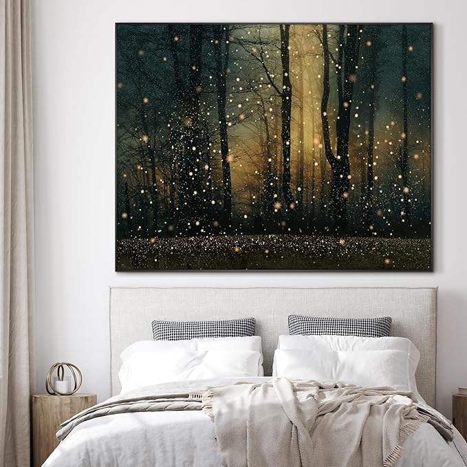 Magical Firefly Forest at Twilight Framed Wall Art – 36"x46" Enchanted Nature Scene | Wide Format Warm Glow Decor for Living Room & Bedroom