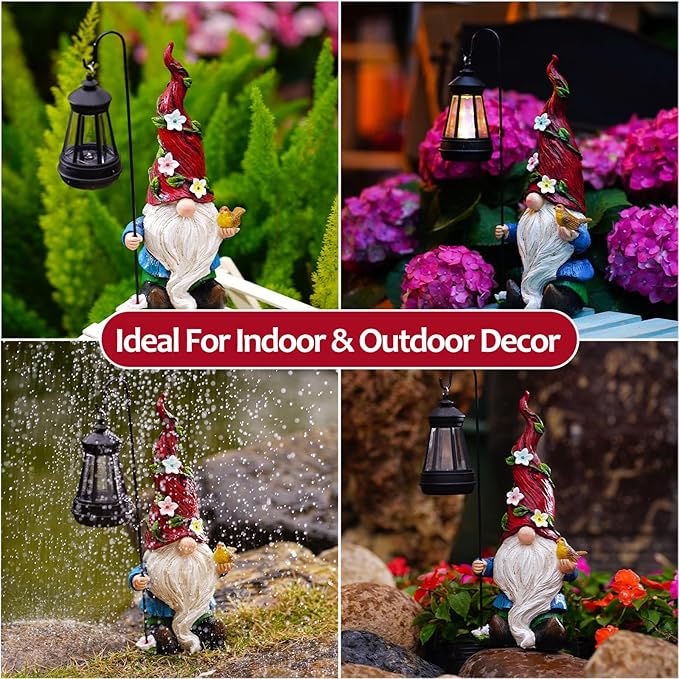 Solar gnome statue with red hat and white beard next to glowing black lanterns