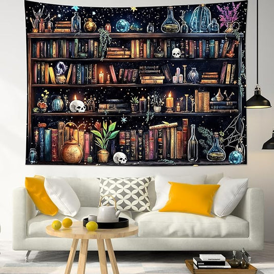 Magic Bookshelf Tapestry (Small) – 40"x60" Vintage Witchy Books Gothic Wall Hanging | Dark Academia Starry Sky Decor for Bedroom, Kids & Dorm
