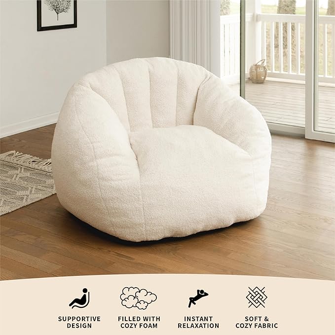 Ivory White Boucle Cloudberry Cocoon Bean Bag Chair - Giant Structured Round Lounge Chair for Nursery, Reading Corner, and Any Interior Ready for One Extraordinary Seat