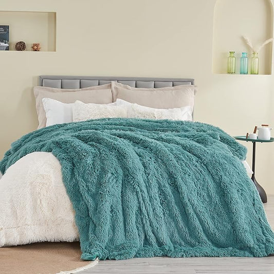 Light Teal Shaggy Faux Fur Queen Blanket – 90"x90" | 1.5" Deep Plush Pile | Serene Spa-Inspired Throw for Queen Beds & Calm Interiors