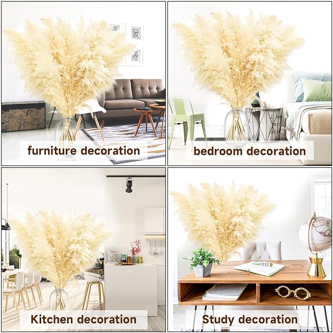 Dried beige pampas grass stems styled in a clear vase across room decor