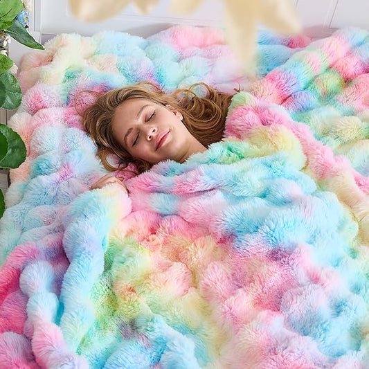 Rainbow Bubble Faux Fur Queen Blanket – 90"x90" | 800GSM Big Bubble Rabbit Fluff | Thick Plush Shaggy Bed Blanket for Queen Beds