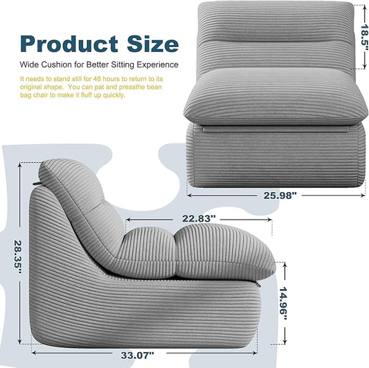 Silver Gray Corduroy Ergonomic Floor Lounge Chair - Structured Memory Foam Seat with Lumbar Support for Scandi Interiors, Nursery, and Reading Nook