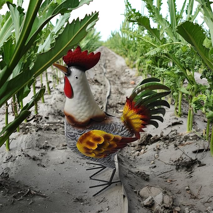 Metal Rooster Garden Statue - Weather-Resistant Iron Farmhouse Outdoor Sculpture and Yard Art