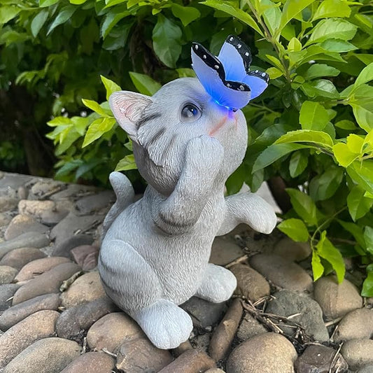Solar Cat Garden Statue with Butterfly LED Light - 7.8-Inch Resin Decor