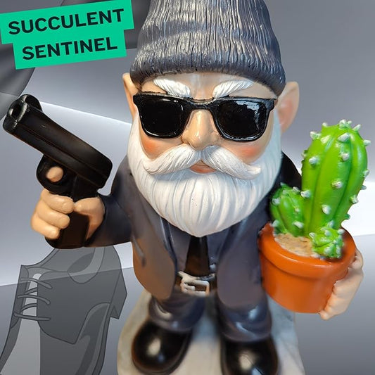 Close-up resin gnome statue with silvery hat, black sunglasses, holding cactus in orange pot