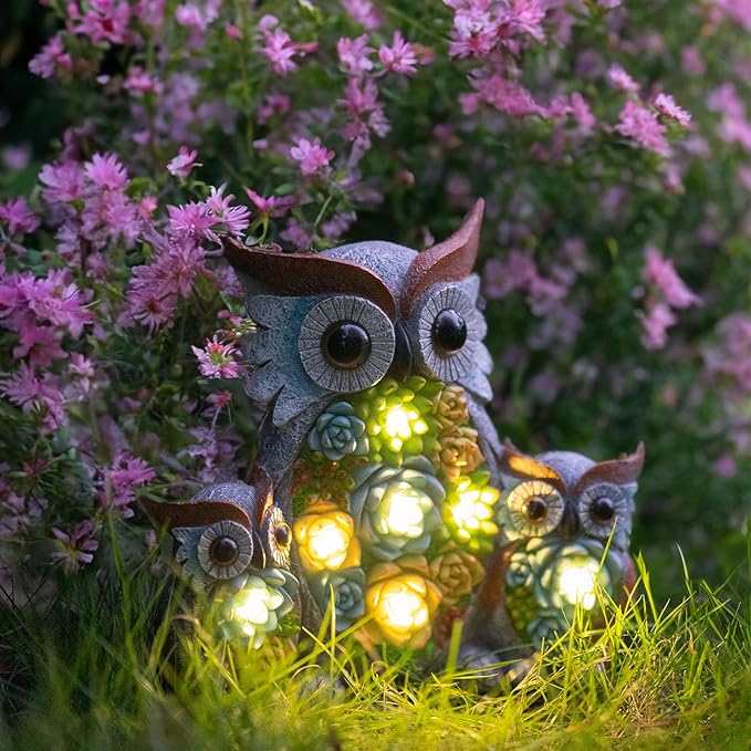 Solar Owl Garden Statue with Succulent LED Lights - IP65 Resin Outdoor Decor