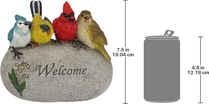 Birdy Welcome Garden Stone Statue with 4 Birds - Indoor and Outdoor Entryway Decor