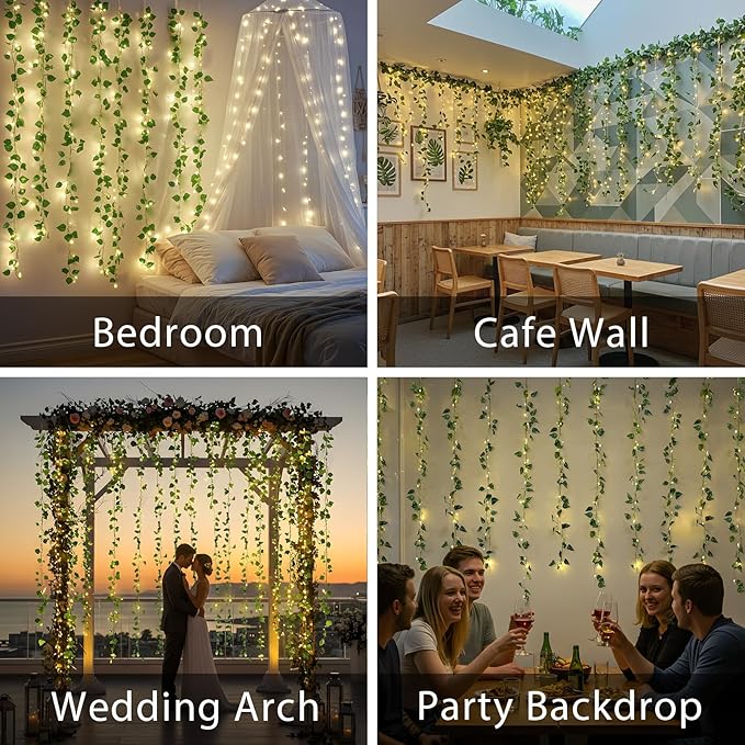 Pothos Vine Fairy Lights – 6.5ft x 6.5ft 200 LED Warm White | Pre-Strung Leaf Curtain Lights | Remote Timer Dimmer | Bedroom Dorm Wedding Party Wall Decor