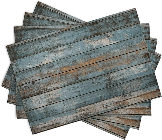Set of 4 rectangular placemats, fan-arranged, blue distressed wood-grain pattern