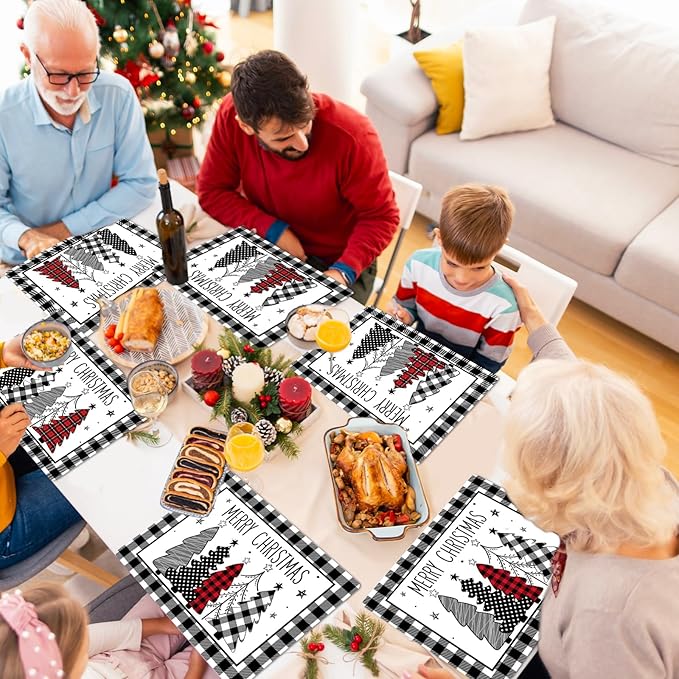 Set of 6 Christmas placemats with black and white buffalo plaid border and tree designs